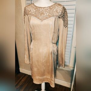 Gianni Bini Beige Long Sleeve Dress with Lace Detail